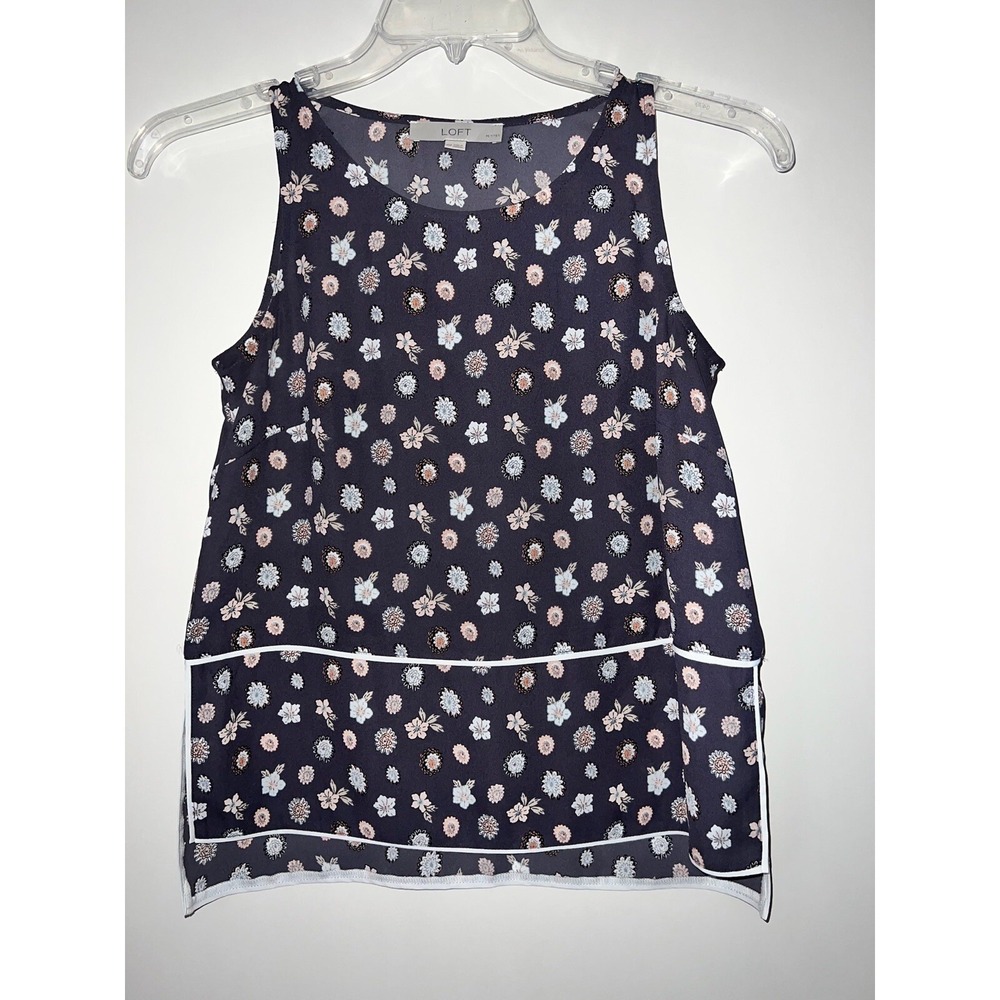 Loft top womens size XSP petite sleeveless sheer gray floral contrasting‎ trim